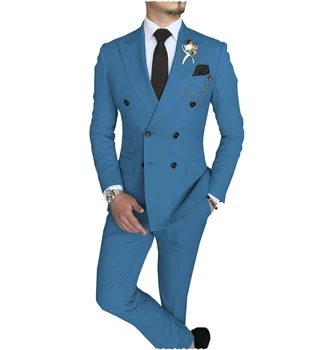 Erkek Takım Elbise 2 Parça Kruvaze Tepe Yaka İş Casual Slim Fit Düğün Ceket Takım Elbise Erkekler İçin (Blazer+Pantolon)