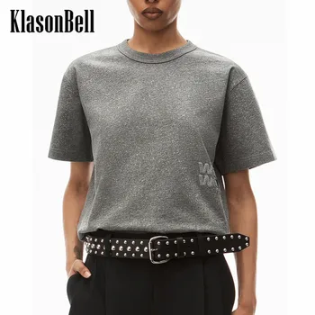 7.29 KlasonBell Moda Mektubu Pırıltılı Toz O-Boyun Rahat Pamuklu tişört Kadın