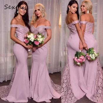 Zarif Mermaid Nedime Elbisesi 2023 Pembe Kapalı Omuz Saten Dantel Hizmetçi Onur Elbiseler Uzun Düğün Konuk Parti Elbise Kadınlar