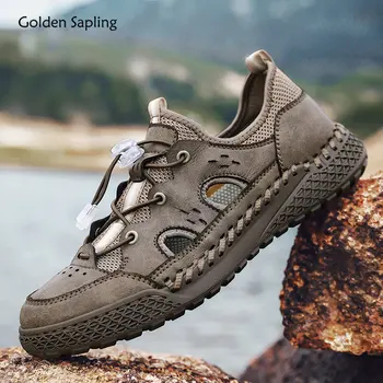 Altın Fidan Açık Ayakkabı Erkekler için Retro Yaz gündelik erkek ayakkabısı Nefes deri makosenler Dağ Trekking Platformu Daireler