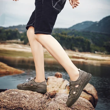 Altın Fidan Açık Ayakkabı Erkekler için Retro Yaz gündelik erkek ayakkabısı Nefes deri makosenler Dağ Trekking Platformu Daireler