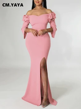 CM.YAYA kadınlar için açık omuzlu Yüksek Yan Bölünmüş Ruffles Omuz Mermaid Maxi uzun elbise 2022 Yaz Seksi Parti Bile Vestidos Elbiseler