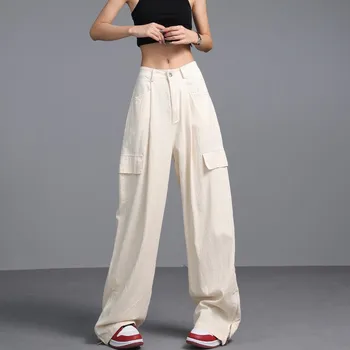 WCFCX STÜDYO Y2k Tarzı Kargo Pantolon Büyük Cepler Vintage Chic Sokak Tarzı Katı Ter Pantolon Kore Moda Rahat Geniş Bacak Pantolon