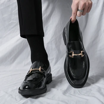 Yeni Erkekler Klasik Saf Siyah Rahat Kalın Taban Metal Düğme Sivri Burun Derby Ayakkabı Boyutu 38-46 Ücretsiz
