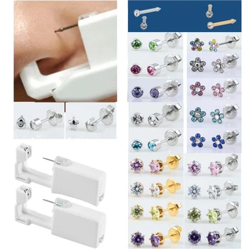 1 adet Steril Tek Kullanımlık Güvenlik Hiçbir Ağrı Burun Kulak Piercing Cihazı + Steril Çerçeve Kristal Saplama Çiçek Kulak Delici göbek takısı