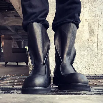 Lüks Erkekler At Hakiki Deri Çizmeler Vintage Gotik Orta Buzağı askeri Bot Adam Yüksek Top Biker Sürme Güvenlik Ayakkabıları