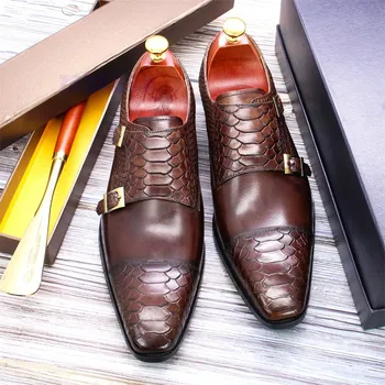 Retro Çift Düğme Kapşonlu Ayakkabı Siyah Kahverengi İş Rahat Deri Keşiş Ayakkabı Erkekler için Boyutu 38-47
