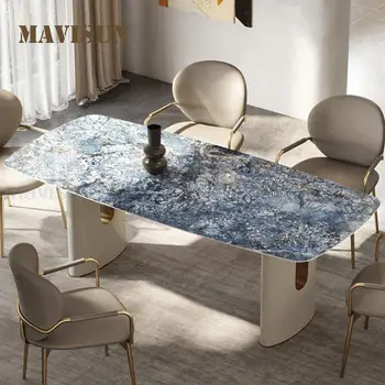 Italyan Dikdörtgen yemek masası Mavi Doku Kaya Paneli Masa İstikrarlı masa üstü çerçeve Yuvarlak Köşe Lüks Yemek odası takımları