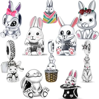 100 %925 Ayar Gümüş Sevimli Karikatür Tavşan Serisi Kolye DIY Boncuk Fit Orijinal Pandora Takılar Bilezik Avrupa Güzel Takı