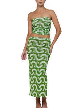 Kadın 2 Parça Maxi Etek Seti Y2K Yaz dantel kıyafet Straplez İpli Kırpma Tüp ve Bölünmüş Uzun Etek Seti
