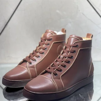 Lüks Tasarımcı Yüksek Üstleri Kahverengi Deri Kırmızı Dipleri Ayakkabı erkek Casual Flats Loafer'lar kadın Düğün Çift Markalar Sneakers
