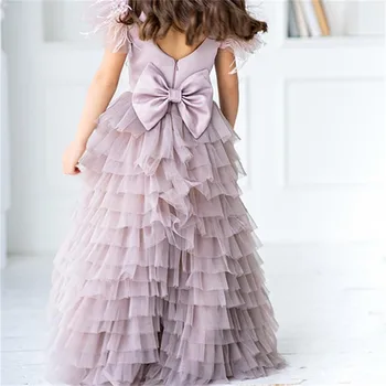 Tül Dantel Yay Kemer Katmanlı Kuyruk Prenses Çiçek Kız Elbise Düğün Parti Balo İlk Communion elbise doğum günü hediyesi