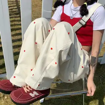 Kadın Rahat Geniş Bacak Kot Gevşek Harajuku Streetwear Moda Kalp Nakış Elastik Bel Vintage Düz Kot Pantolon