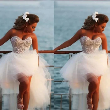 MANRAY İnciler Sevgiliye Beyaz Tül Kısa Ön Uzun Arka düğün elbisesi Plaj Diz Boyu gelin kıyafeti Vestido De Noiva