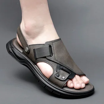 Sandalet Erkekler Yaz Yeni erkek Rahat Açık plaj ayakkabısı erkek Nefes Sandalet 2023 İngiliz Kore Versiyonu Deri Sandalet