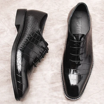 Oxford Ayakkabı Erkekler Hakiki İnek Deri Timsah Desen Elbise Ayakkabı Adam Siyah Kahverengi Lace Up İş Düğün erkek Resmi Ayakkabı