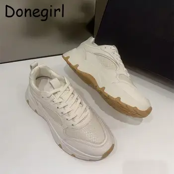 Donegirl 2023 Yeni Kadın Bahar Hakiki Deri Düz Yuvarlak Kafa Kalın Tabanlı ayakkabılar Rahat Basit Çok Yönlü Spor Ayakkabı Kadın Şık