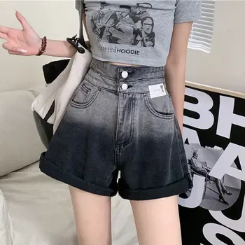 Yaz Yeni Yüksek Bel Degrade Sıcak Pantolon Gevşek Cepler Patchwork Sadelik Şort Kore Trend Moda Kadın Giyim