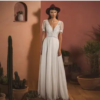 Bohemian düğün elbisesi V Yaka Kat Uzunluk Kısa Kollu Dantel Şifon gelinlikler Kadınlar İçin 2021 Basit Gelin Custom Made