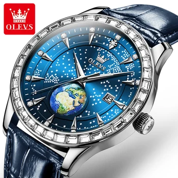 OLEVS Mavi Yıldızlı Gökyüzü Elmas quartz saat Erkekler İçin Moda deri kayışlı kol saati Su Geçirmez Moda Toprak Tasarım Erkek Saat