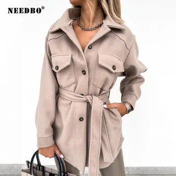 NEEDBO Kadınlar Yün Katı Gevşek Ceket Vintage Yaka Tek Göğüslü Kalın Palto Sonbahar Kış Uzun Kollu Casual Yıpratır
