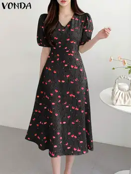 Yaz elbisesi Kadınlar Zarif Uzun Elbiseler VONDA Seksi V Yaka Çiçek Baskılı Sundress 2023 Kısa Kollu Casual Midi Vestidos Robe