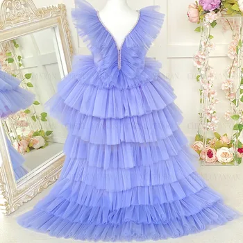 Tül V Yaka Çiçek Kız Elbise Lüks Hi-Lo Prenses Elbise Katmanlı İlk Communion Elbise evaze kız elbise Çocuk Doğum Günü Törenlerinde