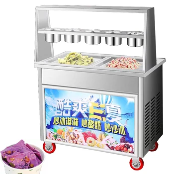 Ticari Tayland Kızarmış Dondurma Rulo Makinesi Paslanmaz Çelik Kızarmış Buz Lapası Makinesi Çift Tava Kızarmış Dondurma Makinesi