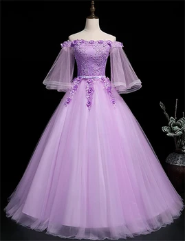 Lüks Çiçek Quinceanera elbiseler Prenses Balo Kapalı Omuz Yarım Kollu Kat Uzunluk Tül Aplikler Nakış