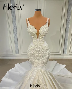 Yeni Spagetti Kayışı Mermaid Saten düğün elbisesi Boncuklu Dantel Aplike gelinlikler Lüks Mahkemesi Tren Gelin Törenlerinde Artı Boyutu
