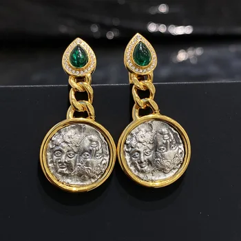 Sıcak Satış 925 Ayar Gümüş Ünlü Marka Antik Roma gümüş Sikke Küpe Retro Kabartma Şans Tanrıçası moda takı