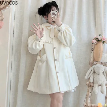 Kış kadın Yün Ceket Japon Lolita Tarzı Tatlı Kawai Yay A-Line Gevşek Ceketler Kadın Zarif Sonbahar Kore Moda Dış Giyim