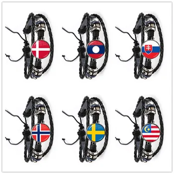 Malezya, Laos, Danimarka, Norveç, İsveç, Slovakya Ulusal Bayrak Deri Bilezik Cam Cabochon Bileklik Takı Kadın Erkek için
