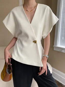 Düzensiz Zarif Yelek Mont Kadın 2023 Bahar Kadın Giyim Moda V Yaka Kolsuz Gömlek Casual Eklenmiş Düğme Katı Ceket