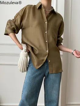 Mozuleva Zarif Yaka Kadın Gömlek 2023 İlkbahar Yaz Ofis Giyim Uzun Kollu Lyocell Keten Tek göğüslü Kadın Bluzlar Tops