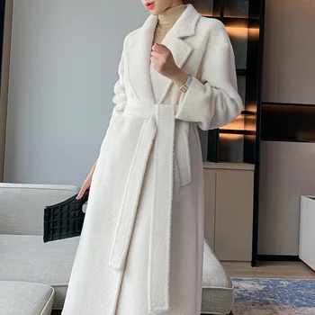 Kış Kalınlaşmış Sıcak %100 % alpaka yünü Ceket Kadınlar Uzun Süt Beyaz Ceket 2022 Turuncu Döküntü Deve Rahat Klasik Dantel-up Banliyö