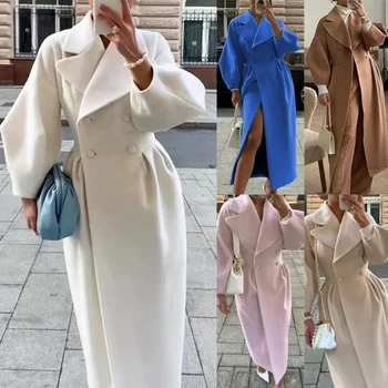 Yeni Vintage Yün Ceket Kadın Fener Kollu Polo Boyun Uzun Palto Kadınlar için Sonbahar ve Kış Mont ve Ceketler