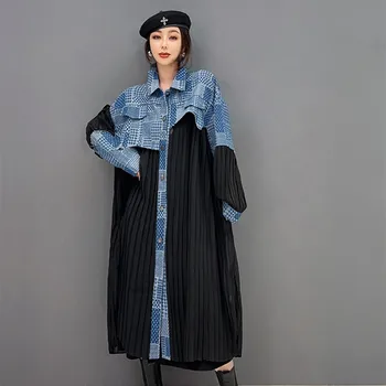 2023 Bahar Yeni Denim Eklenmiş Uzun Hırka Kadın Artı Boyutu Gevşek Pilili Trençkot Sokak Giyim Kıyafet Elbiseler