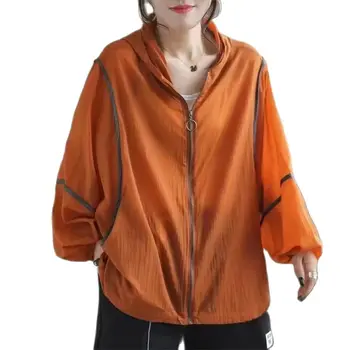 Kapşonlu güneş koruma giyimi 2023 Yeni Yaz İnce kadın ceketi Kontrast Renkler Nefes Gevşek Rahat Kore Outerwea