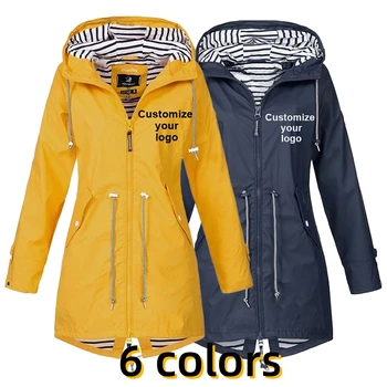 Kadın Sonbahar Moda İpli Fermuar Su Geçirmez Ceket Logonuzu Özelleştirmek Kapşonlu Yağmurluk Açık Rüzgar Geçirmez Ceket
