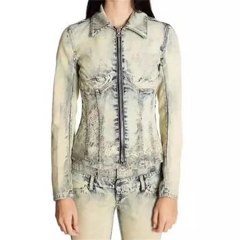 Bayan Kot Ceket 2023 Sonbahar Yeni Vintage Yıkama Pamuklu Denim Kadın Ceket Kore Moda Lazer Çiçek Yakma Uzun Kollu Üst y2k
