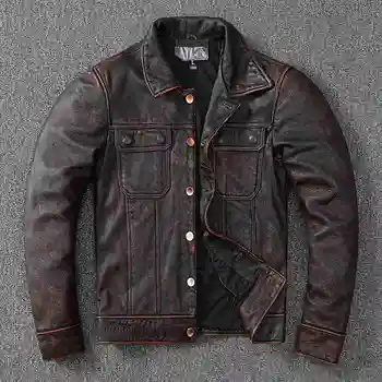 Yeni Vintage Kahverengi İş Giysisi Tarzı Kovboy Hakiki Deri Ceket Doğal İnek Derisi Ceket erkek Taş Değirmeni Eski Giysiler