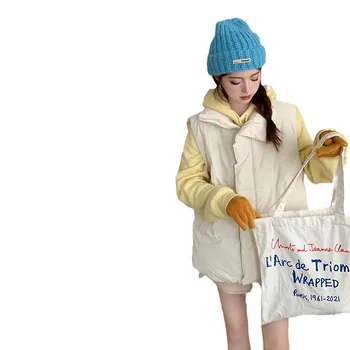 Beyaz Kadın Yelek Mont Kolsuz Fermuar Ceketler Katı Turn-aşağı Yaka Kore Moda Streetwear Sonbahar Kış Yelek Kadınlar için