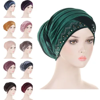 Yeni Müslüman Kadife Kaput Başörtüsü Pilili Türban Kadın Elmas Kafa Wrap Moda Şapkalar Kemo Kap Sıcak Başörtüsü Saç Dökülmesi Şapka