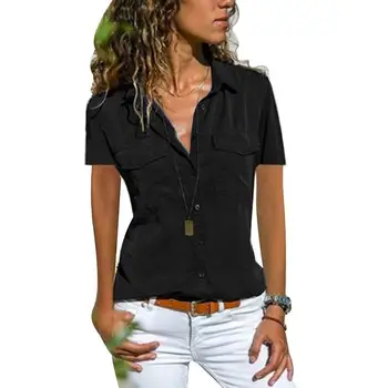 Kadın Bluz Yaka Düğmesi Cep Gömlek Düz Renk V Boyun Kısa Kollu Bluz Siyah S-8XL kadın Giyim Блучки 2022