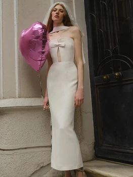 Yeni Seksi Kadınlar Maxi Uzun Bodycon Bandaj Elbise Straplez Yay Gerdanlık Tasarım Vestidos Elegantes Para Mujer Akşam Parti Elbiseler