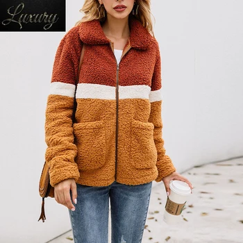 Kadın Sonbahar Kış peluş ceket Palto Uzun Kollu Pazen Sıcak Dış Giyim Kadın Yeni Patchwork Streetwear Bayan Giyim