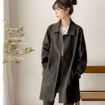 İlkbahar Sonbahar Kadınlar Casual Katı Renk Ceket Kore Ofis Sıcak Zarif Polo Yaka Vintage Paltolar Rüzgarlık Üst Ceket T56