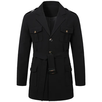 Erkek Yeni Avcılık Takım Elbise Ceket Orta Uzunlukta İngiliz Tarzı Trençkot Moda Tasarım Sokak Ceket İlkbahar ve Sonbahar Klasik Siyah Üst