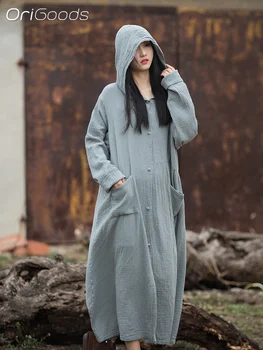 OrıGoods Kadın Kapşonlu Uzun Ceket Pamuk Bahar Yaz Palto Çin Tarzı Gevşek Elbise Cadı Sihirbazı Hoodie Trençkot B143